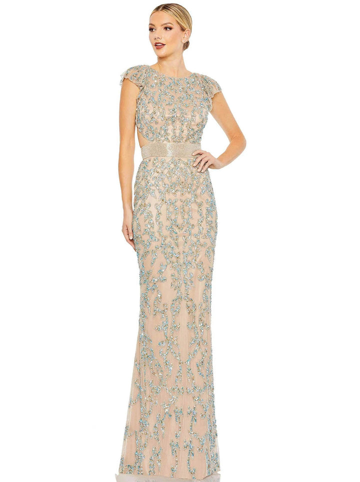 Damask Sequin Embellished Open Back Lace Up Cap Sleeve Gown