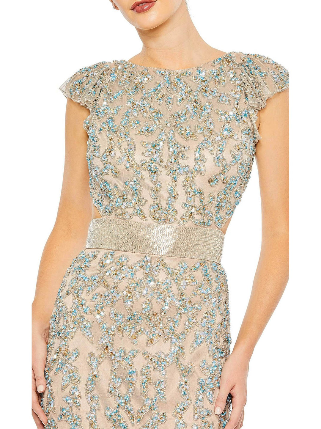 Damask Sequin Embellished Open Back Lace Up Cap Sleeve Gown