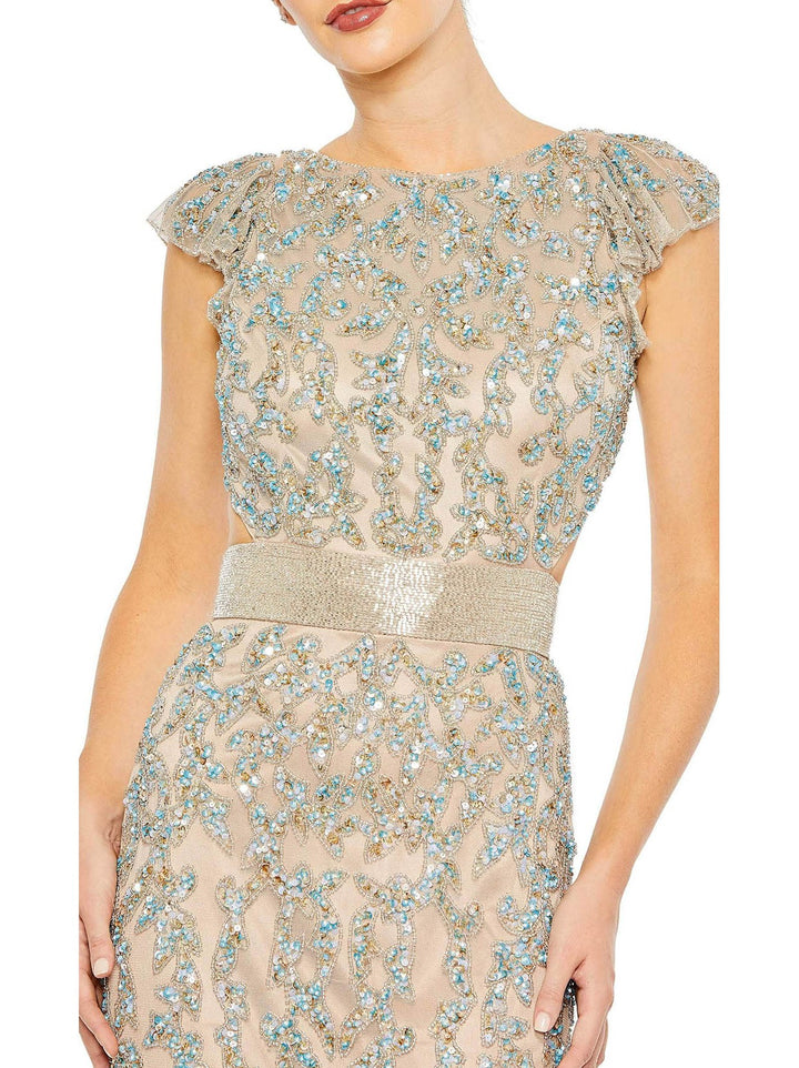 Damask Sequin Embellished Open Back Lace Up Cap Sleeve Gown