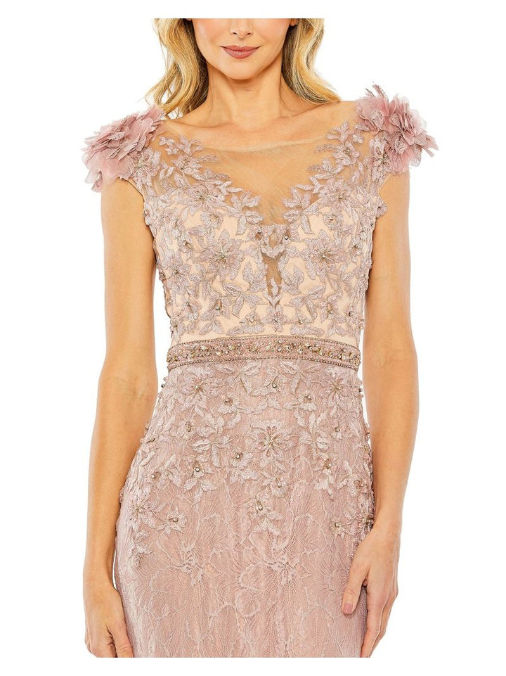 Embroidered Illusion Appliqued Bodice Trumpet Gown