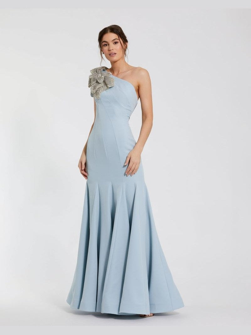 Crepe One Shoulder Gown With Crystal Flower