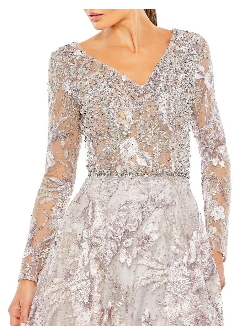 Embellished Long Sleeve V Neck A Line Gown