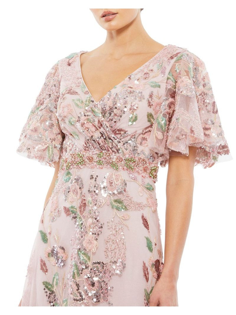 Floral Embellished Short Sleeve Gown