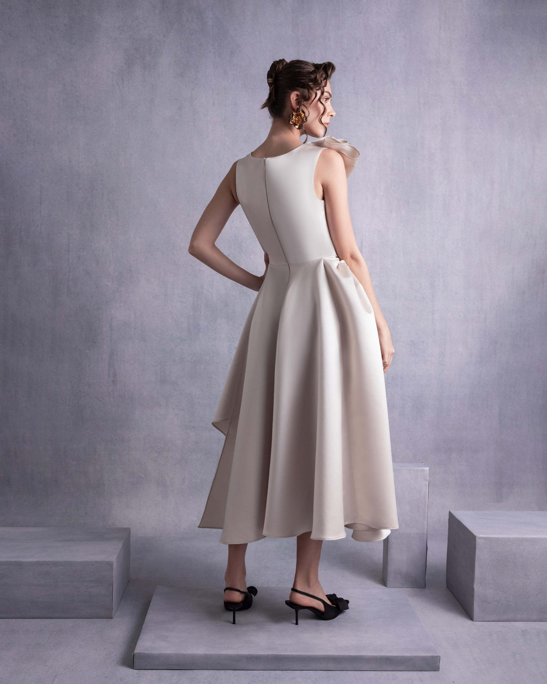 Gold Razmir Dress with Draped Shoulder and High Slit
