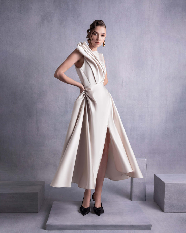 Gold Razmir Dress with Draped Shoulder and High Slit