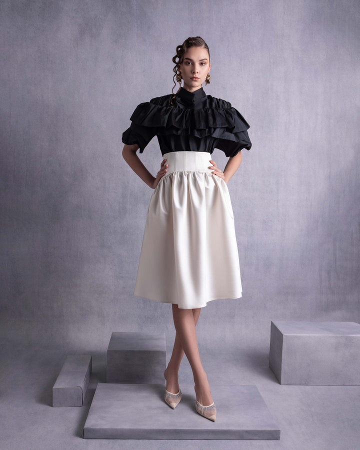 Cascading Ruffles Black Taffeta Top