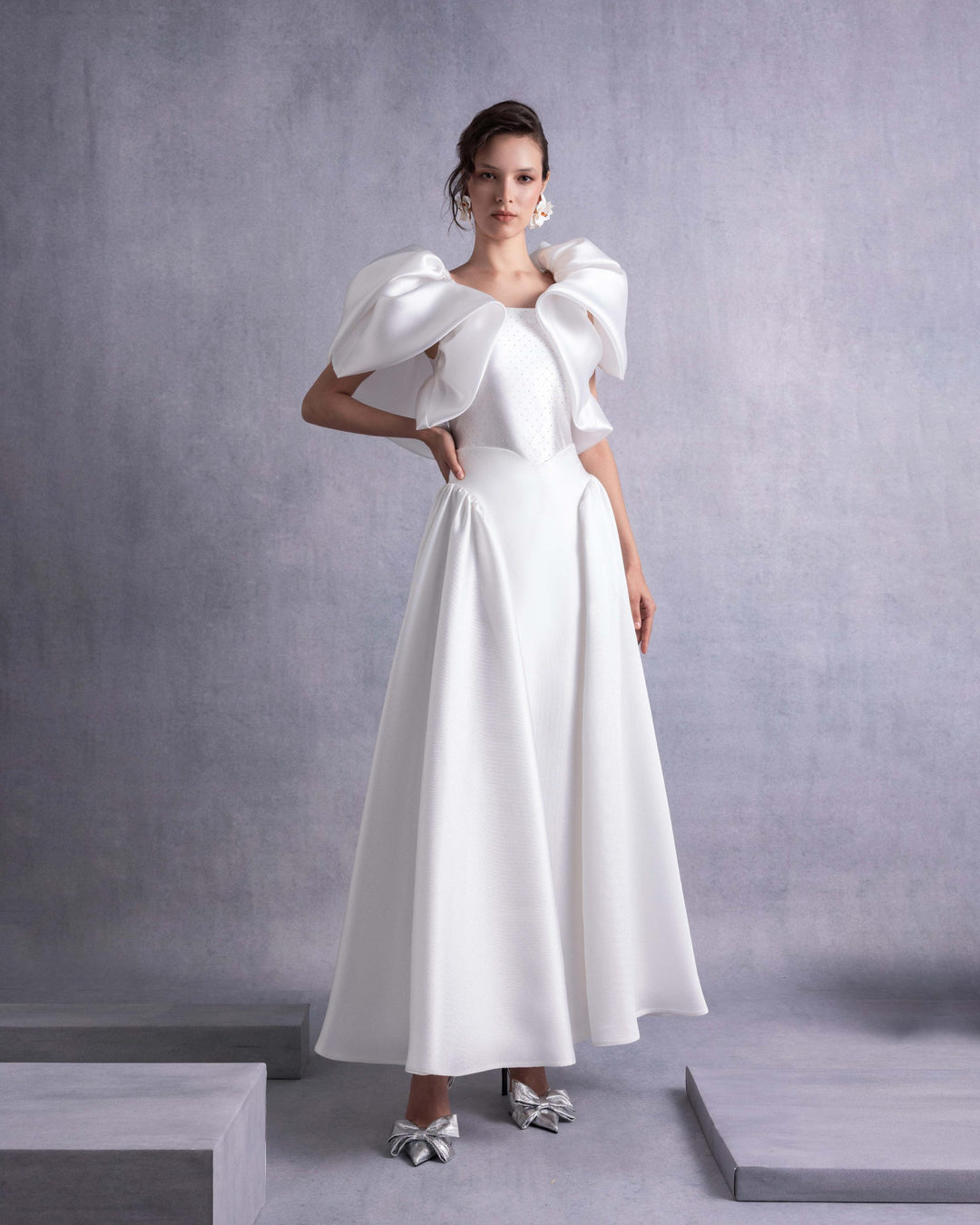 Crystal-Dotted Jersey Body with Petal-like Organza Shoulders (top)