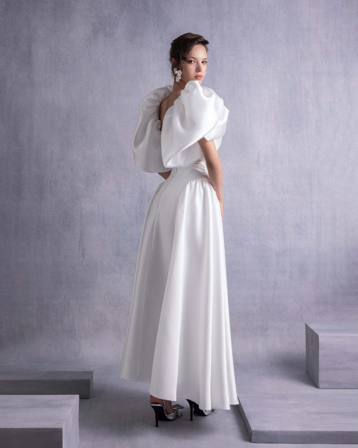 Crystal-Dotted Jersey Body with Petal-like Organza Shoulders (top)