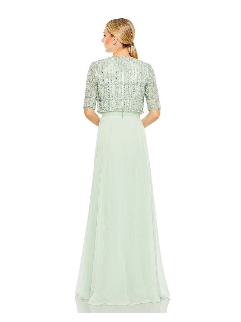 Chiffon Gown w/ Fully Beaded 3/4 Sleeve Top