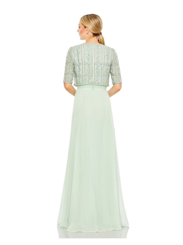 Chiffon Gown w/ Fully Beaded 3/4 Sleeve Top