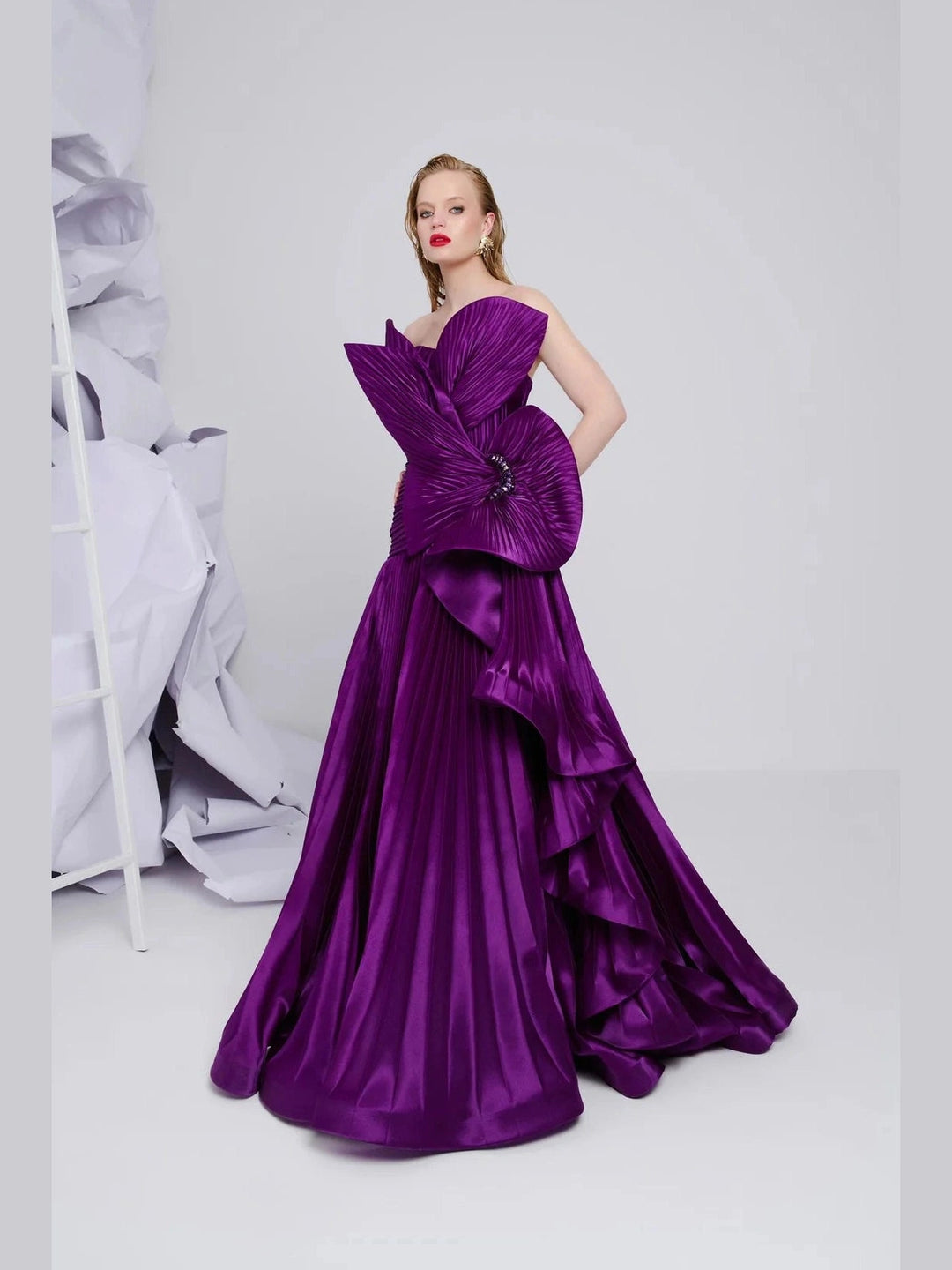 Ruffled Pleated Fabric Gown