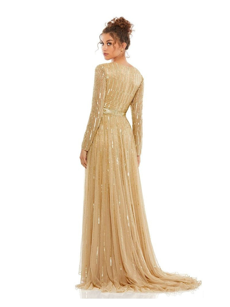 Gold Sequined V Neck Illusion Sleeve A Line Gown