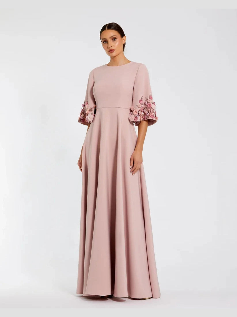 Crepe 3/4 Sleeve A-line Gown With Flower Trim