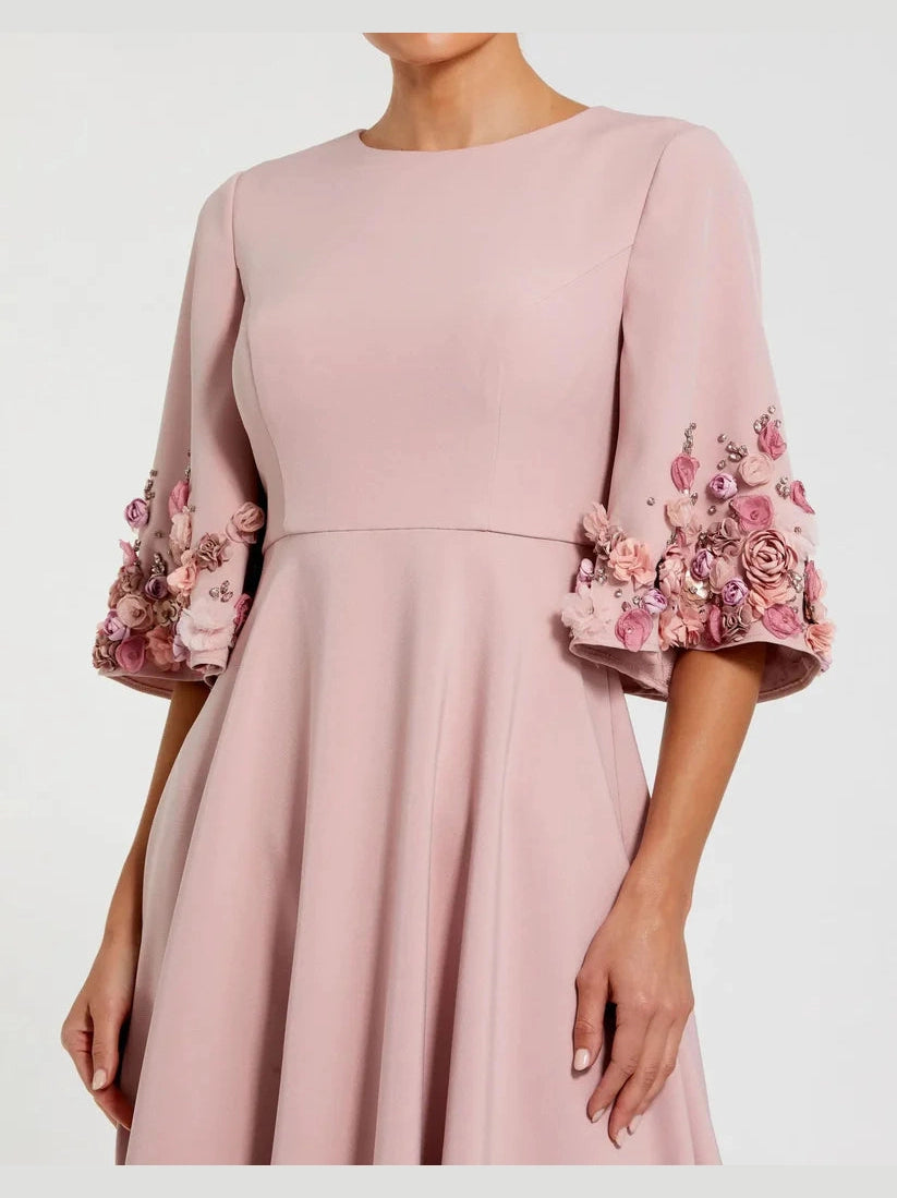 Crepe 3/4 Sleeve A-line Gown With Flower Trim