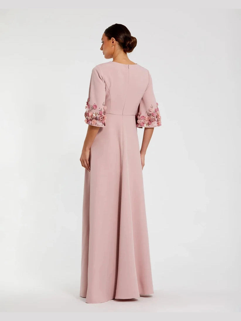 Crepe 3/4 Sleeve A-line Gown With Flower Trim