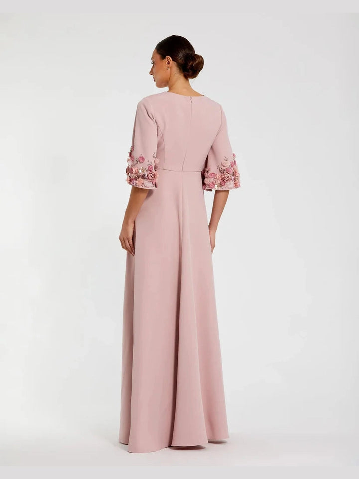 Crepe 3/4 Sleeve A-line Gown With Flower Trim