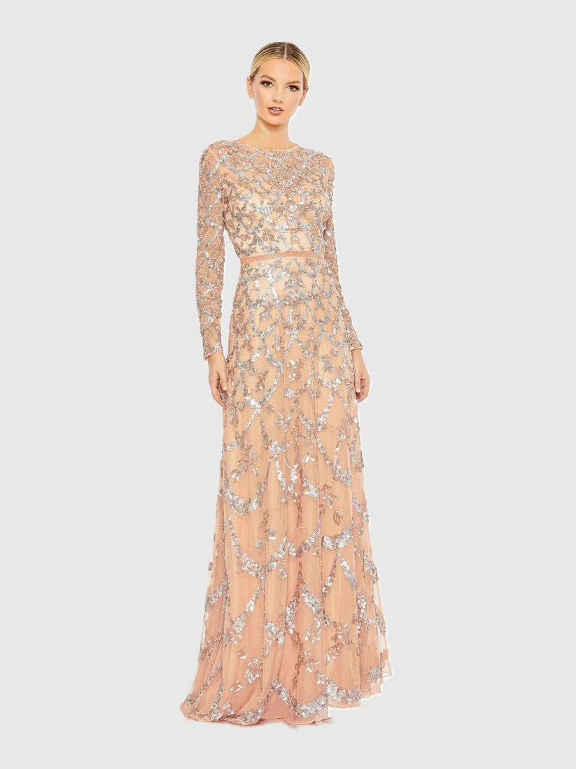 Embellished Illusion High Neck Long Sleeve A Line Gown