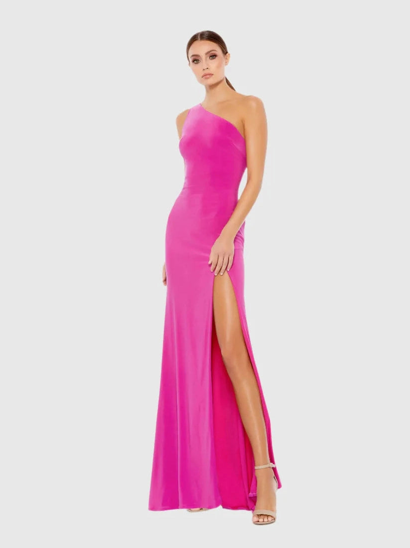Jersey One Shoulder Draped Back Gown