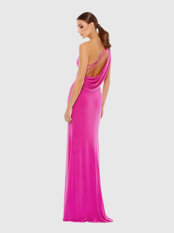 Jersey One Shoulder Draped Back Gown