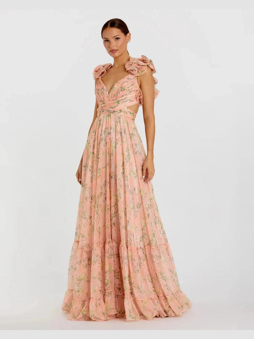 Ruffle Tiered Floral Cut-Out Chiffon Gown