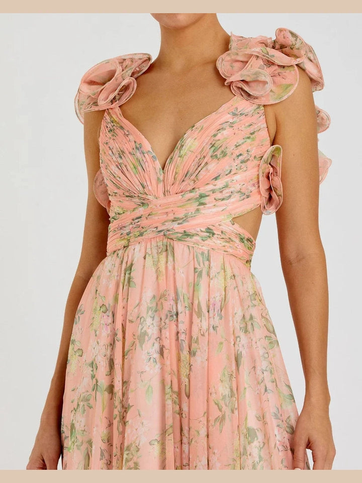 Ruffle Tiered Floral Cut-Out Chiffon Gown