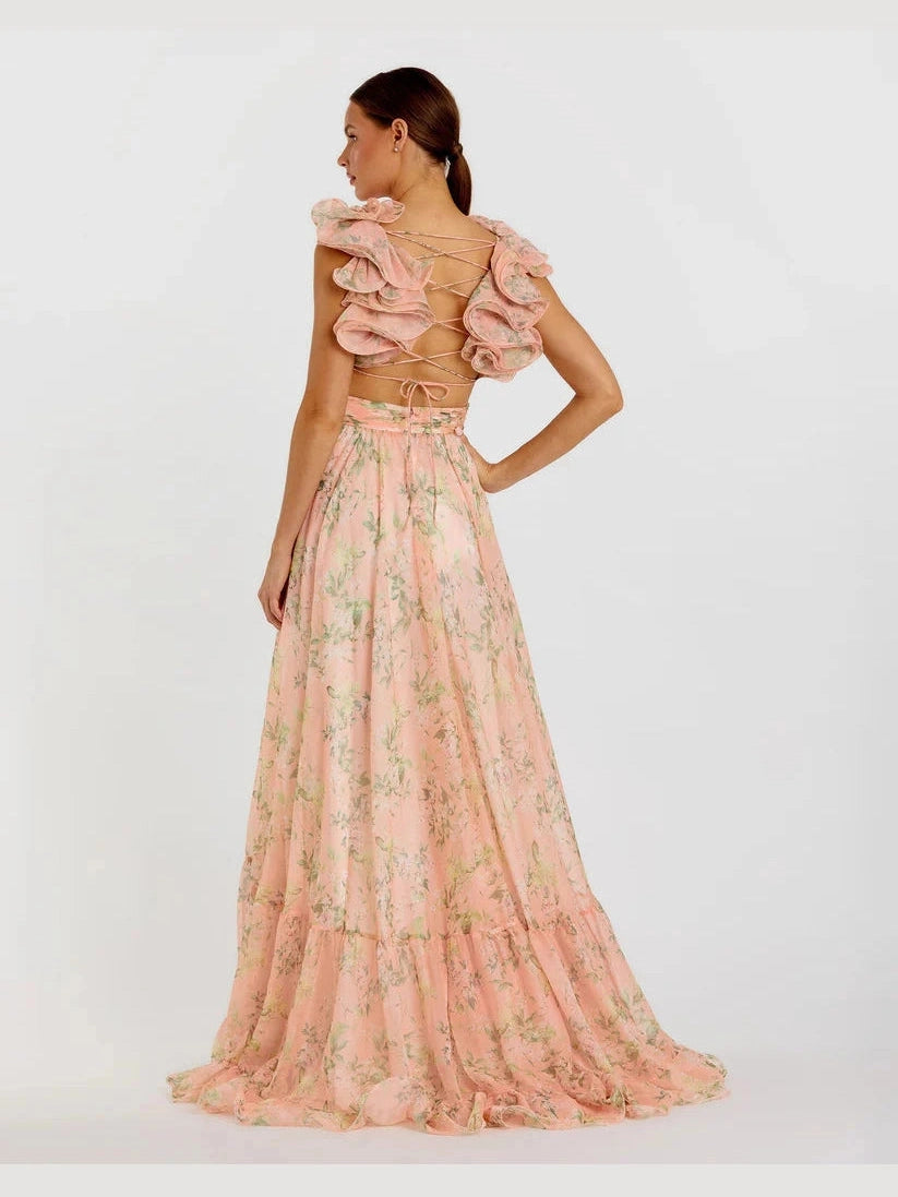 Ruffle Tiered Floral Cut-Out Chiffon Gown