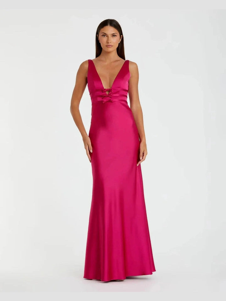 Sleeveless V Neck Satin Gown With Bow Details
