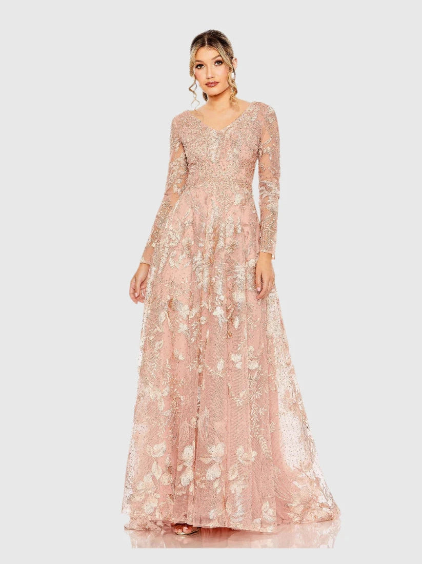 Embellished Long Sleeve V Neck A Line Gown