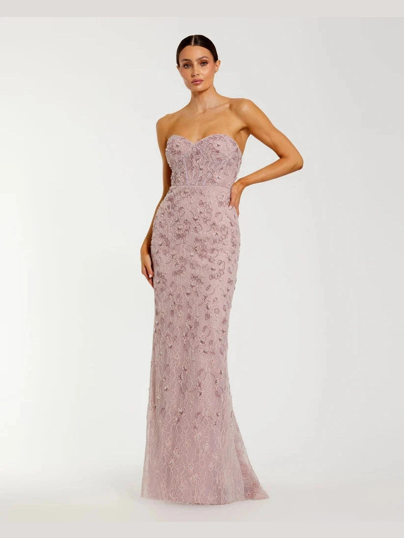 Beaded Strapless Bustier Gown With Sweeping Train