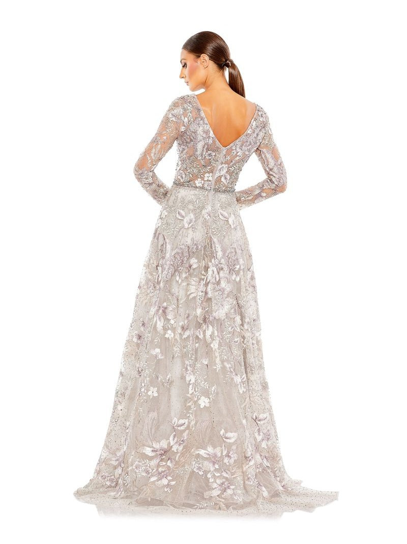 Embellished Long Sleeve V Neck A Line Gown