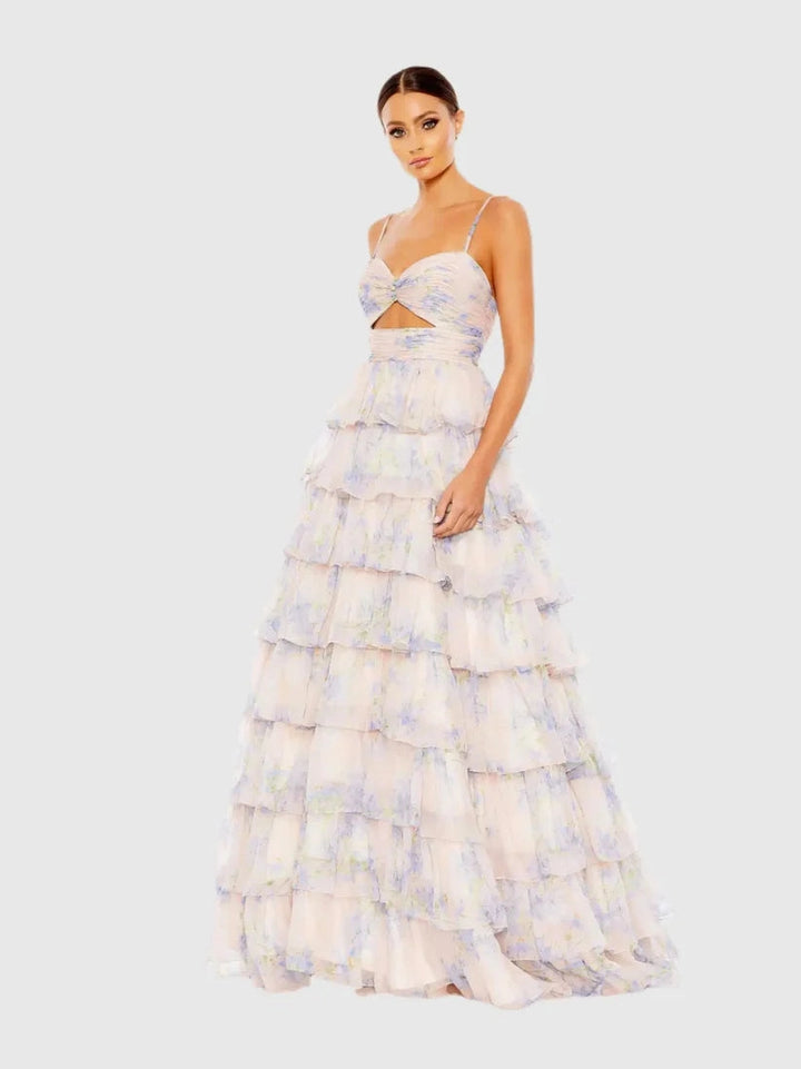Floral Cut Out Ruffle Tiered Gown