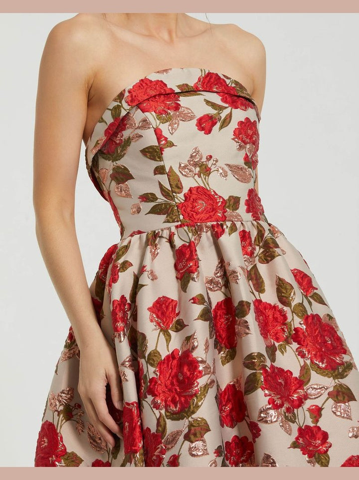 Strapless Floral Gown With Ruffle Hem