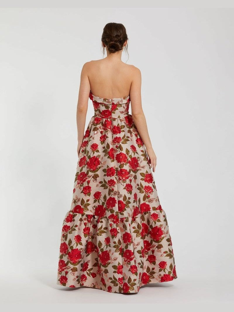 Strapless Floral Gown With Ruffle Hem