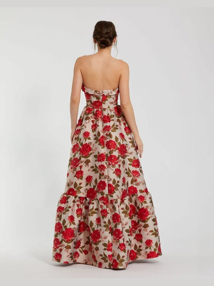 Strapless Floral Gown With Ruffle Hem