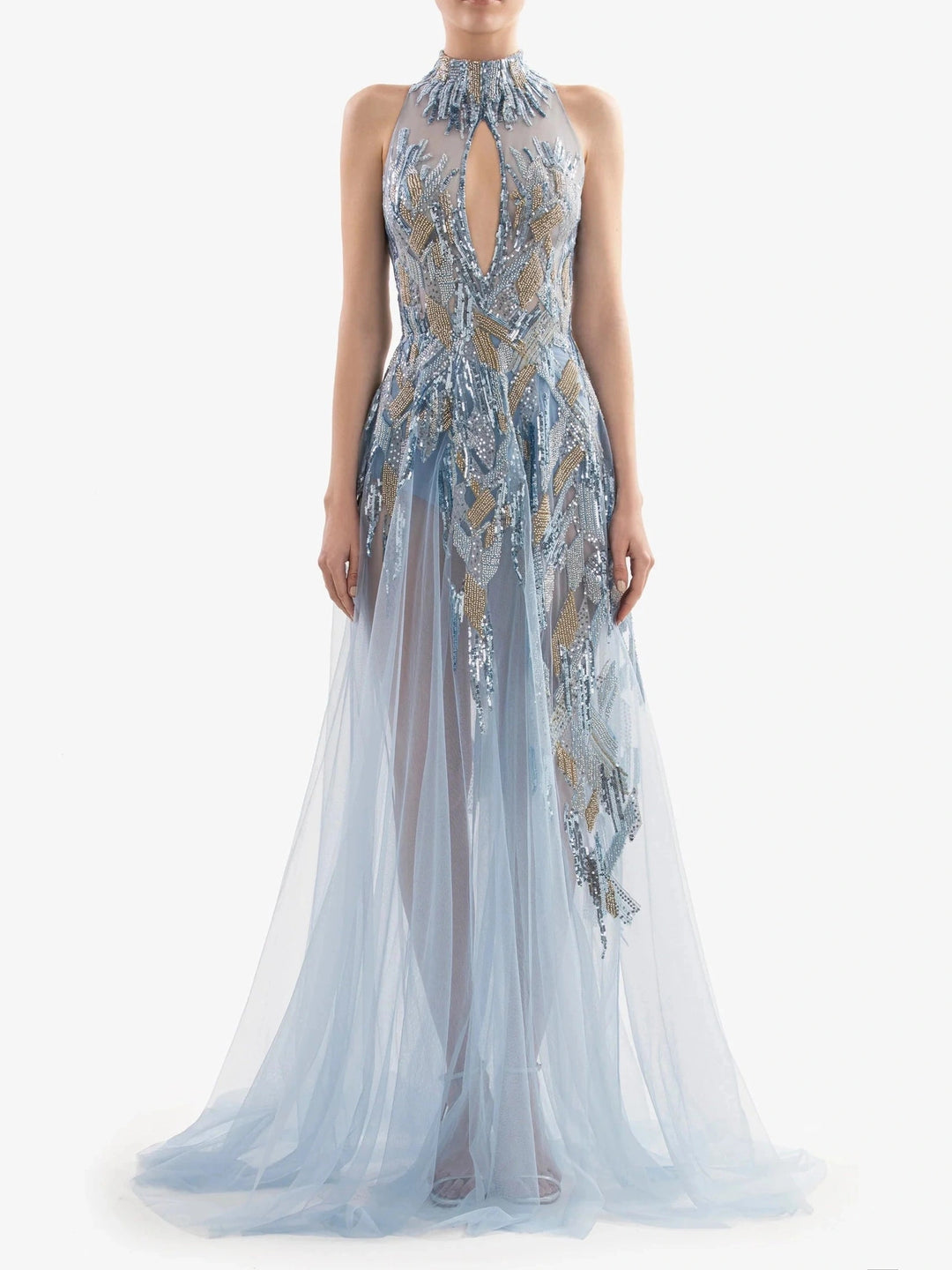 BLUE BEADED DRESS WITH HALTER NECK