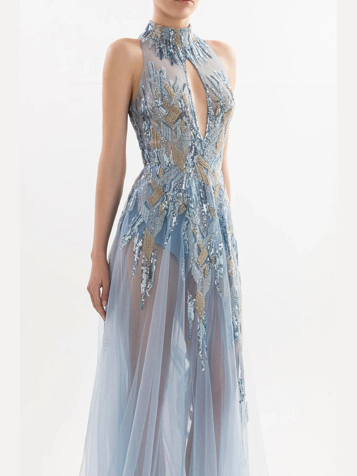 BLUE BEADED DRESS WITH HALTER NECK