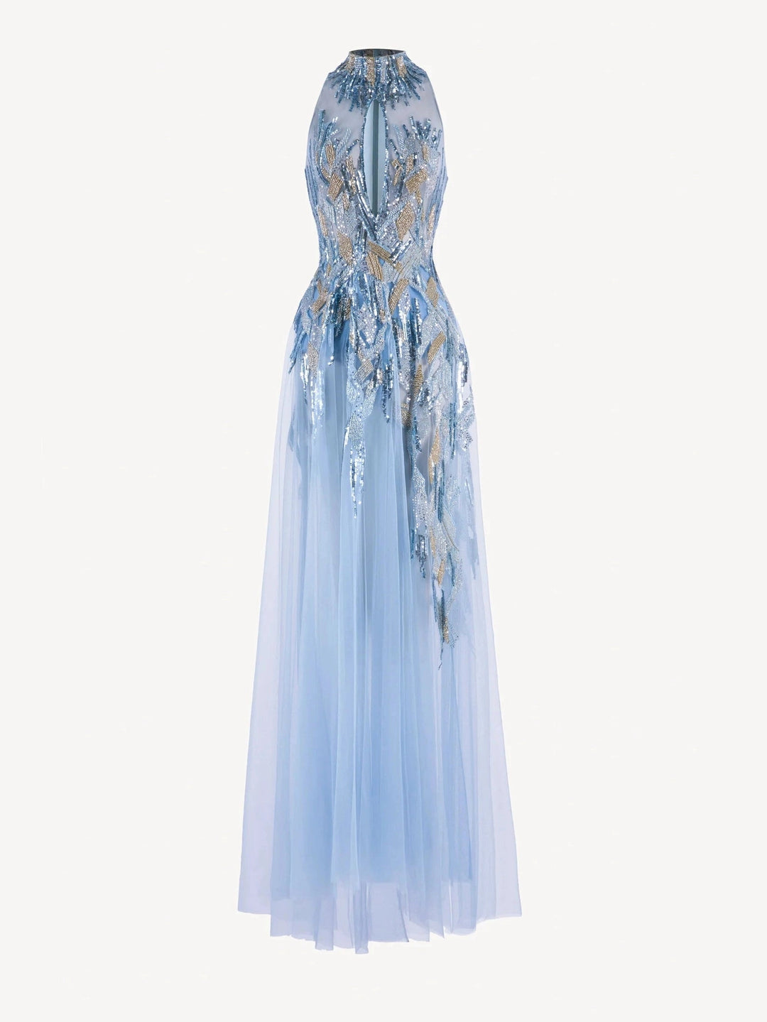 BLUE BEADED DRESS WITH HALTER NECK