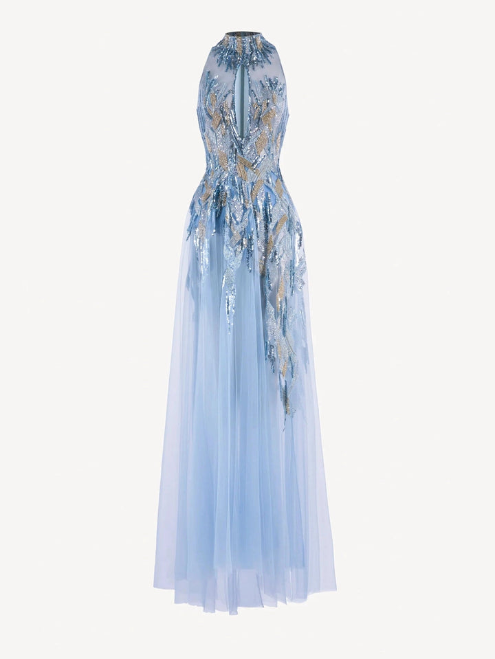 BLUE BEADED DRESS WITH HALTER NECK