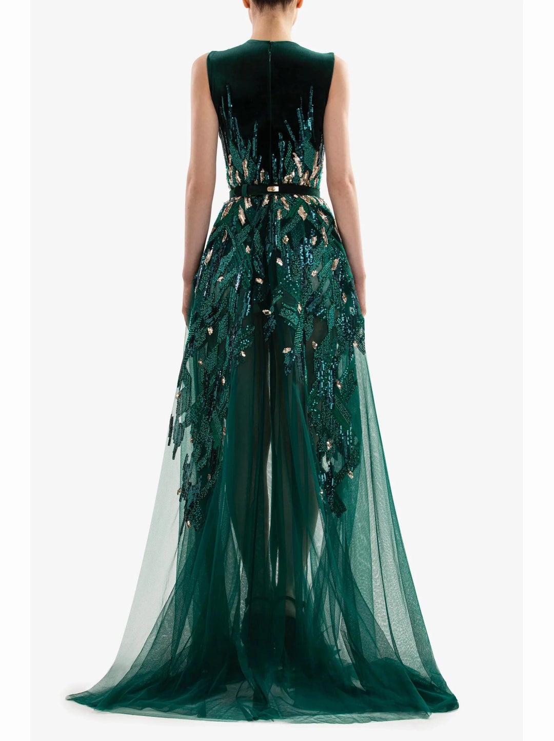 EMERALD VELVET DRESS WITH GOLD BEADING