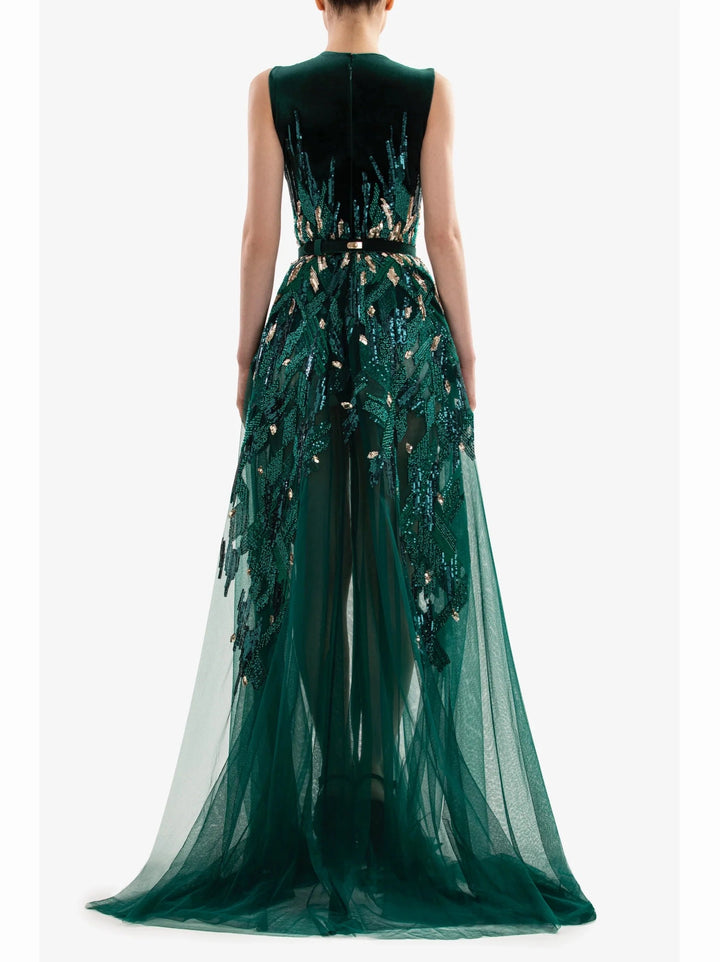 EMERALD VELVET DRESS WITH GOLD BEADING