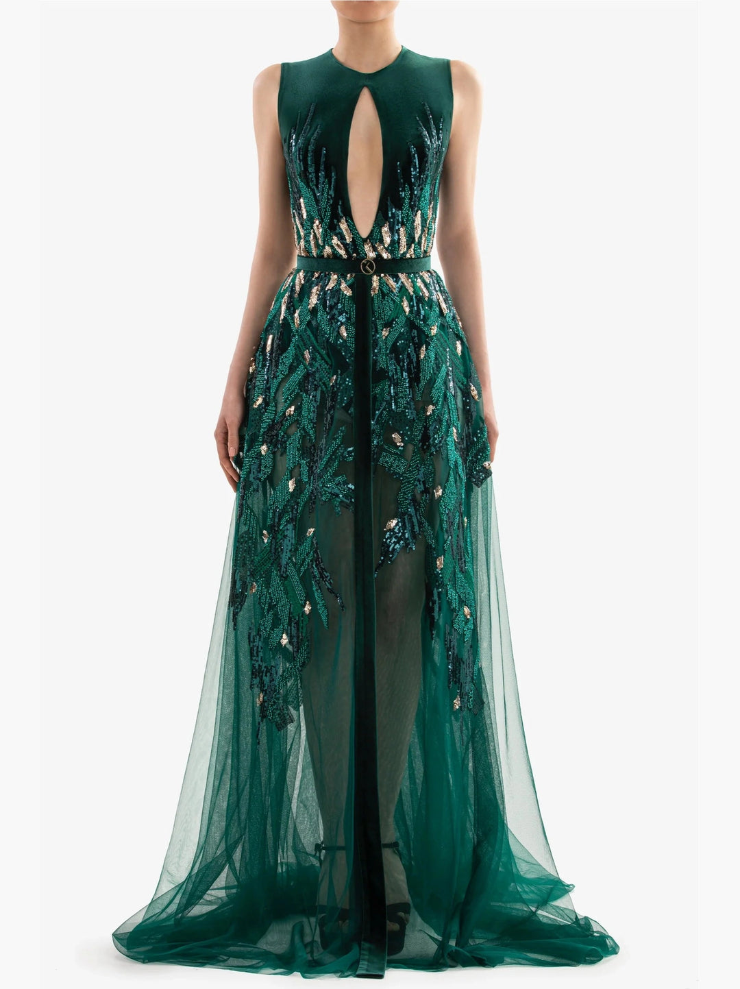 EMERALD VELVET DRESS WITH GOLD BEADING