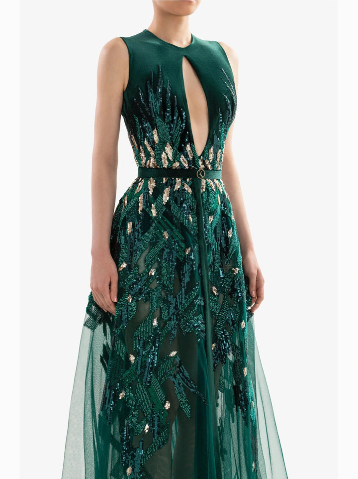 EMERALD VELVET DRESS WITH GOLD BEADING