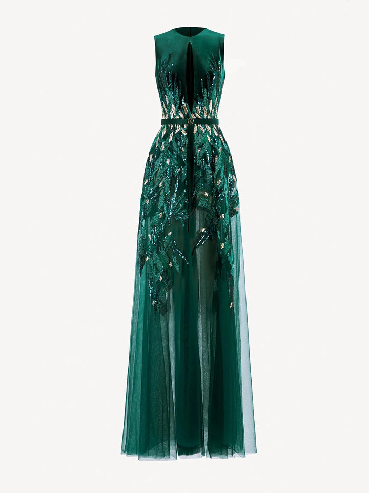 EMERALD VELVET DRESS WITH GOLD BEADING