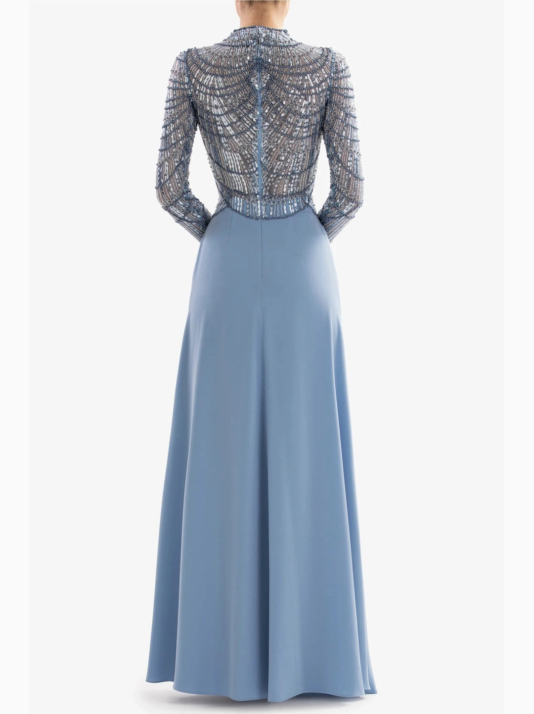 BLUE DRESS WITH BEADED BODICE