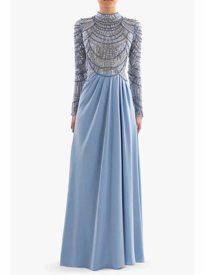 BLUE DRESS WITH BEADED BODICE