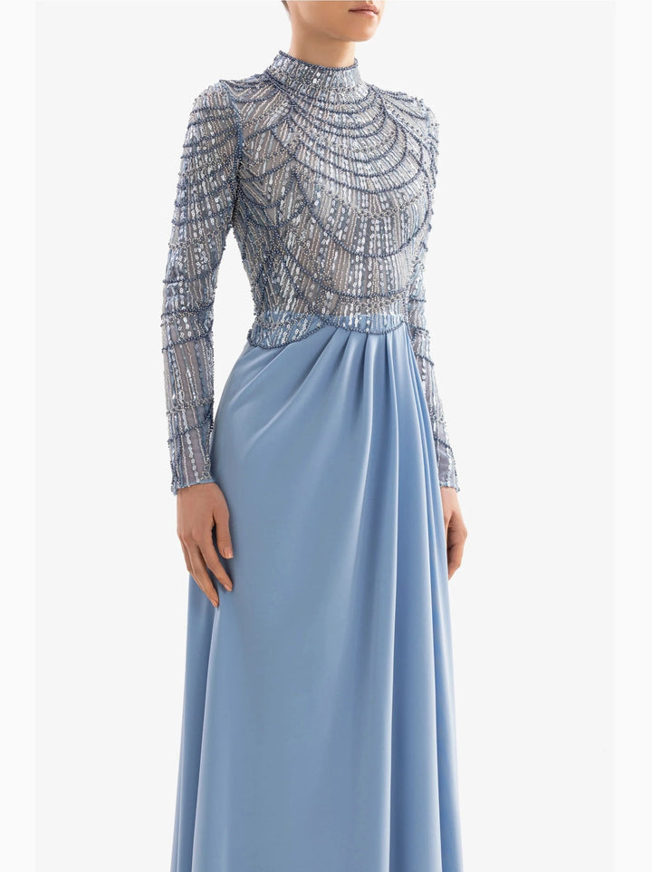 BLUE DRESS WITH BEADED BODICE