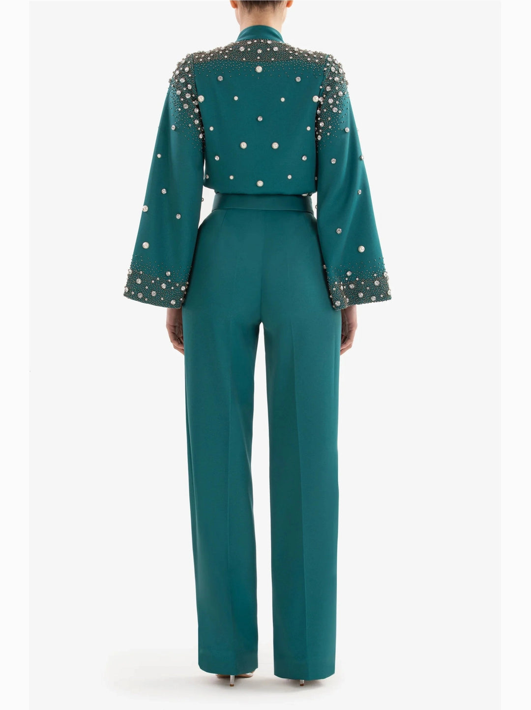 GREEN BEADED CREPE BODYSUIT