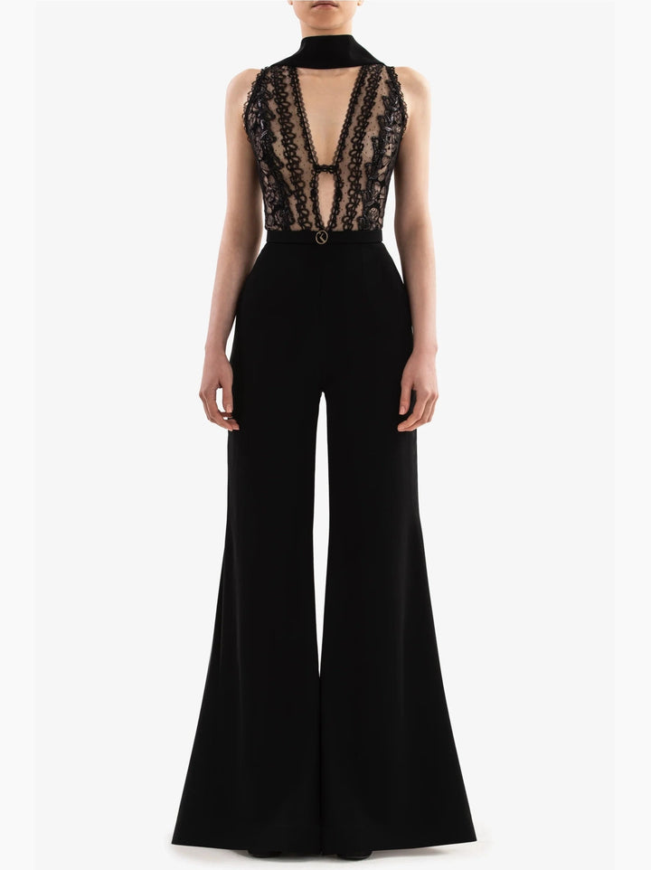 JET BLACK LACE BODICE JUMPSUIT