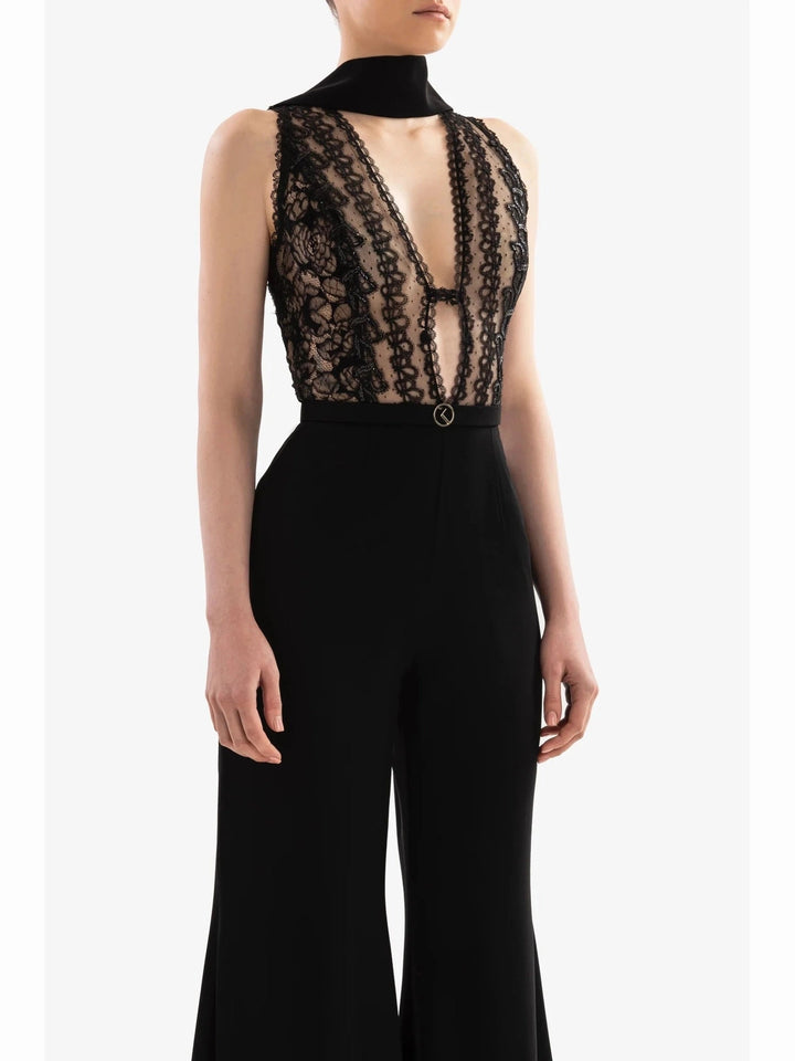 JET BLACK LACE BODICE JUMPSUIT
