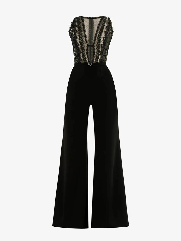JET BLACK LACE BODICE JUMPSUIT
